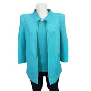 STIZZOLI Made in Italy‎ Aqua Ribbed Knit Cardigan & Short Sleeve Top sz 42 /Med